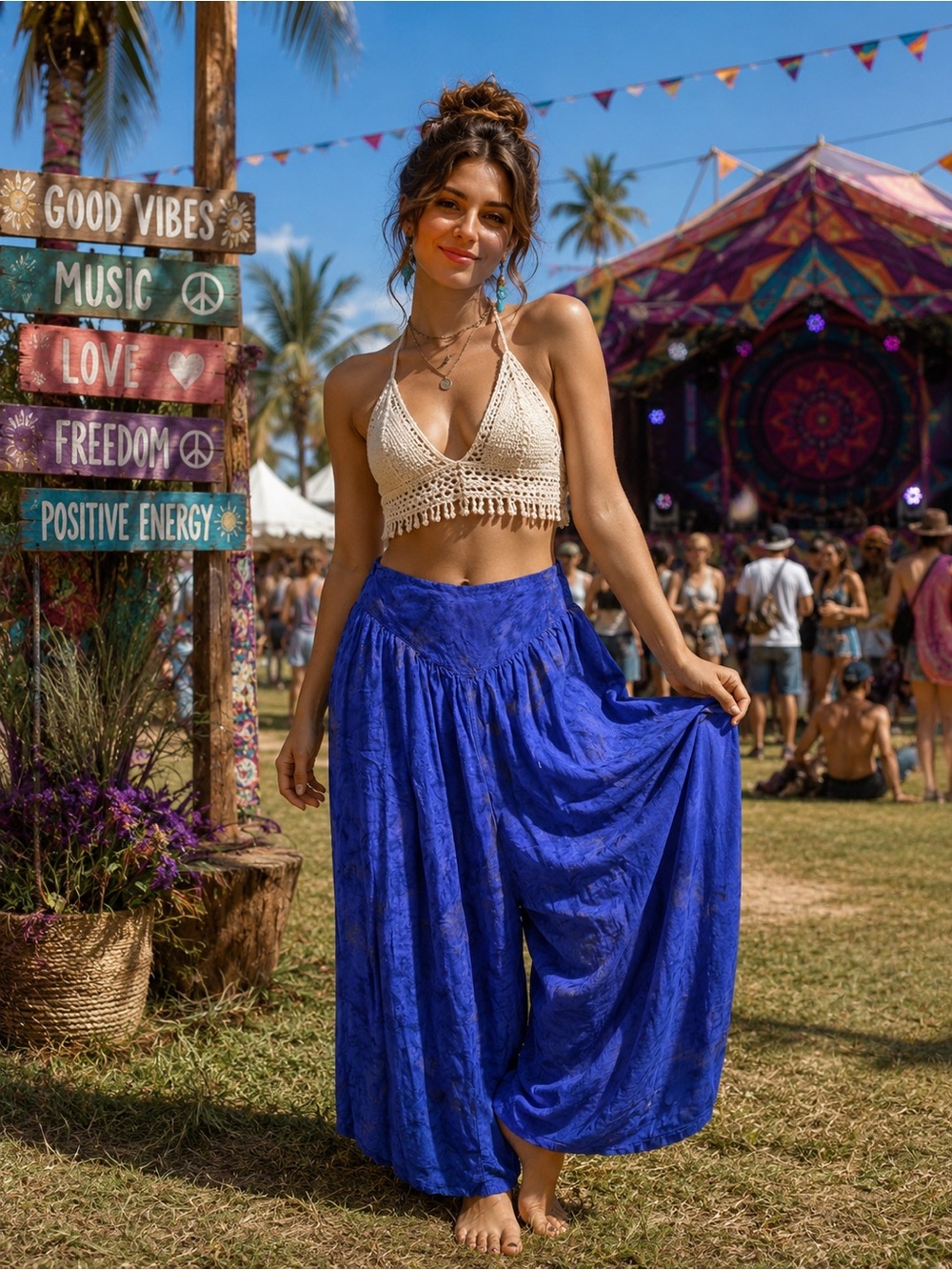 136) Temptation Boho Blue Wide Leg Pants Festival Lounge Flowy Hippie Style
